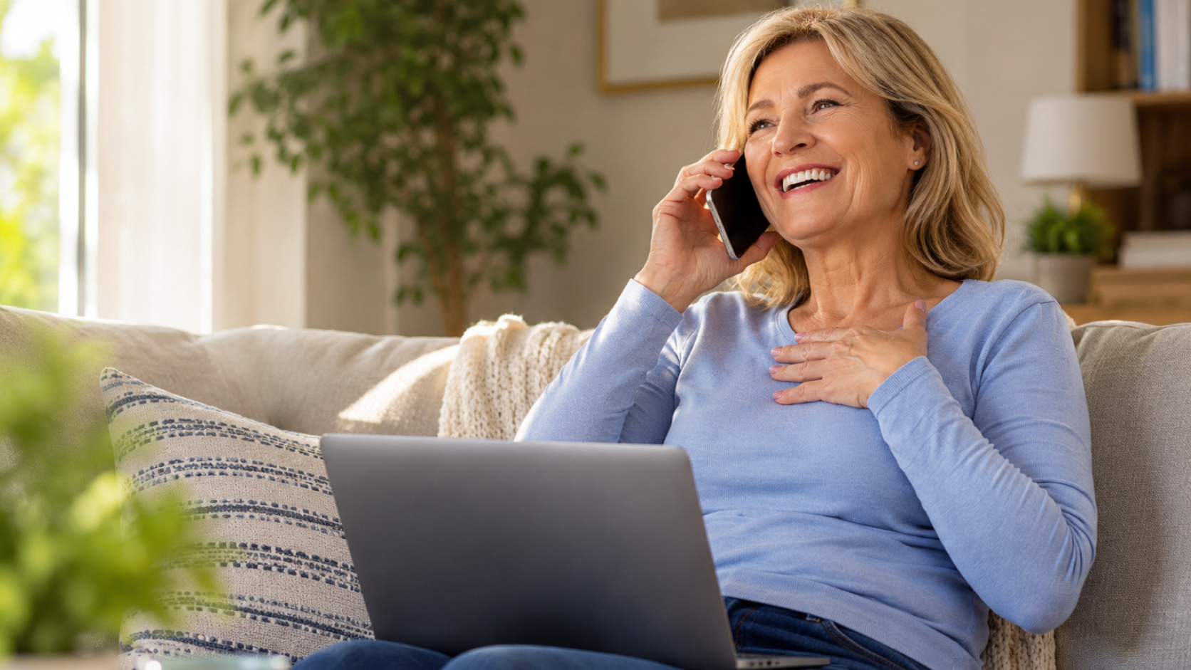 British woman at home receiving good news on the phone